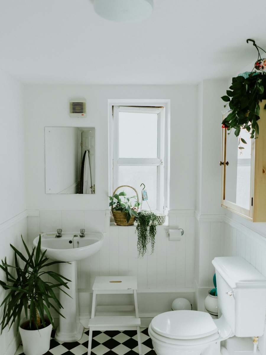A white bathroom with a pedestal sink, checkered floor and potted plants