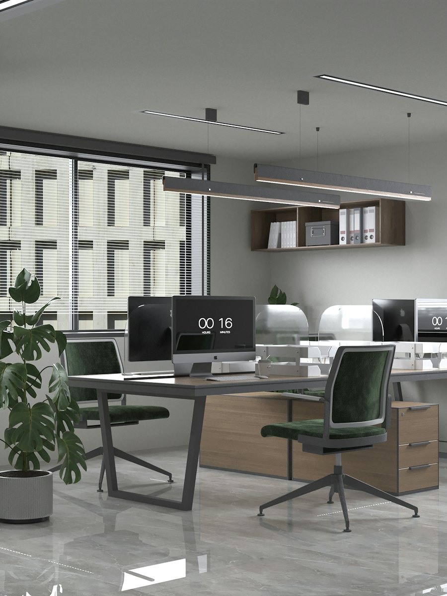 A clean office with tidy desks, green chairs and a potted plant